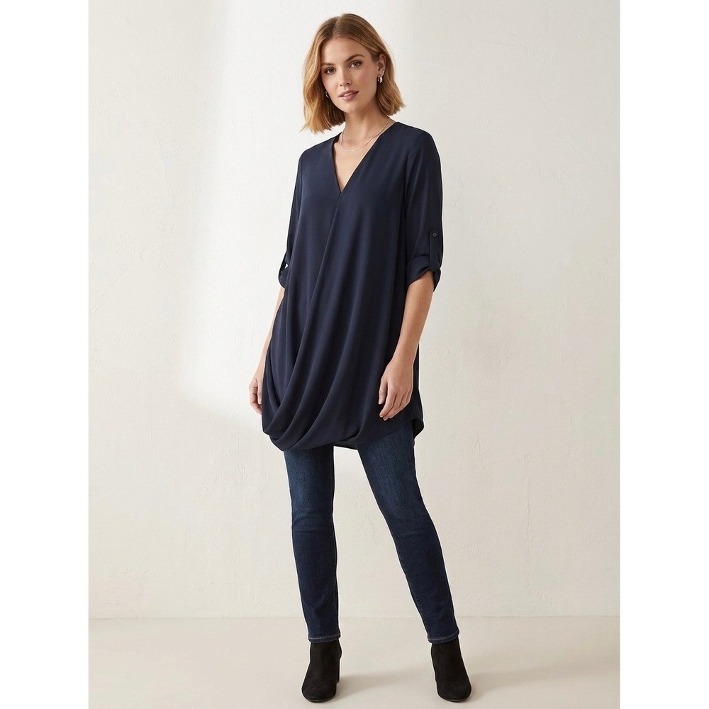 AQUA Navy Blue Draped Front Tunic Top V-Neck Roll Tab Sleeve Blouse WPL 10167